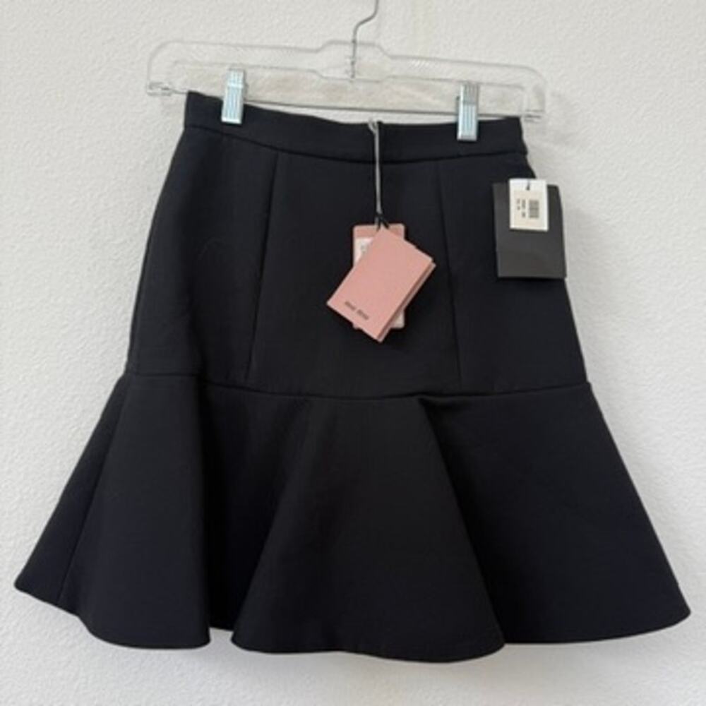 MIU MIU Black Flared Mini Skirt Gabardine Cotton Italy Size 36 Mod Retro NWT